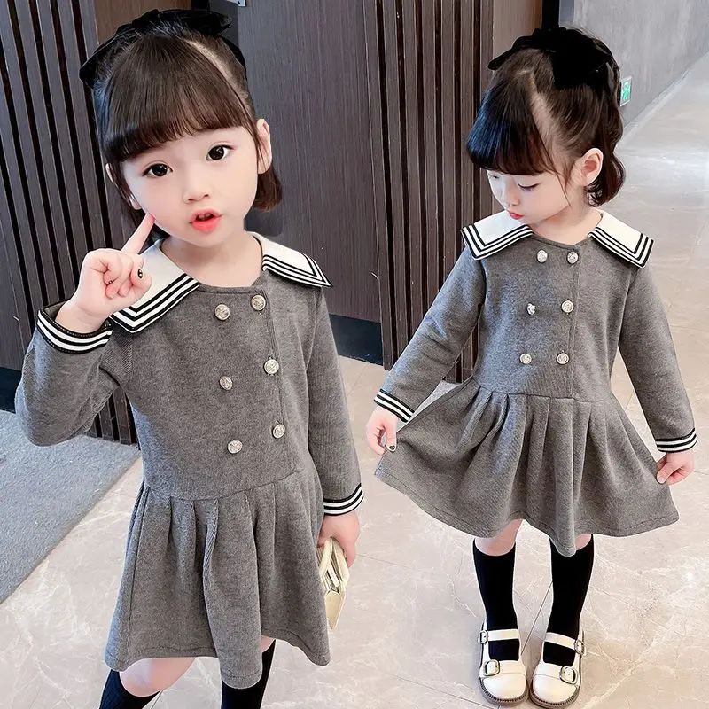 

Girls' Dress 2023 New Little Girl Fashionable Stripe Flip Collar Children's Spring and Autumn Long sleeved Skirt