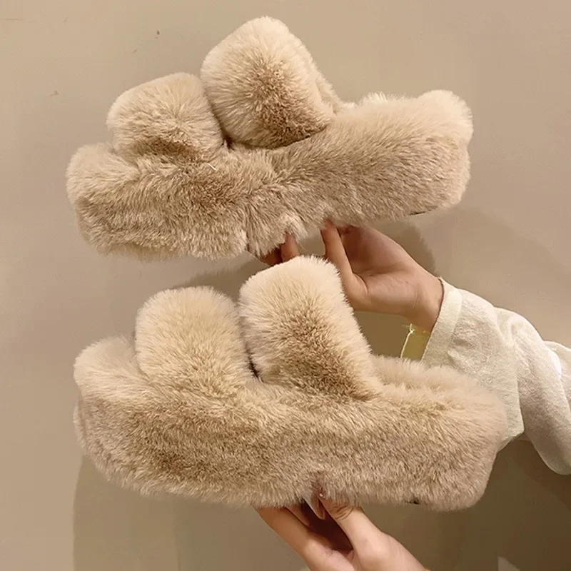 

Winter Women Slippers Fur Warm Open Toe Flip Flops 2024 Home Cotton Slingback Sandals Flats Platform Plush Slides Mujer Zapatos