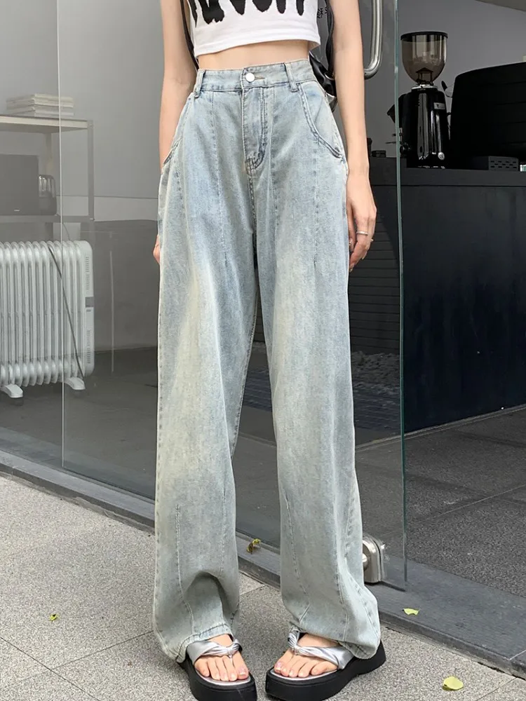 

SML Summer Casual women Light Blue long Mom denim pants Vintage High waist Wide Leg Denim jeans for womens (F8106