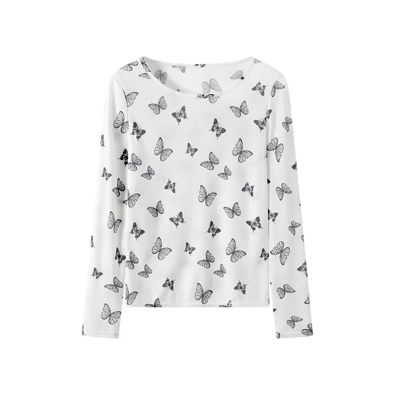 Women Butterfly Print Long Sleeve Slim Tshirts
