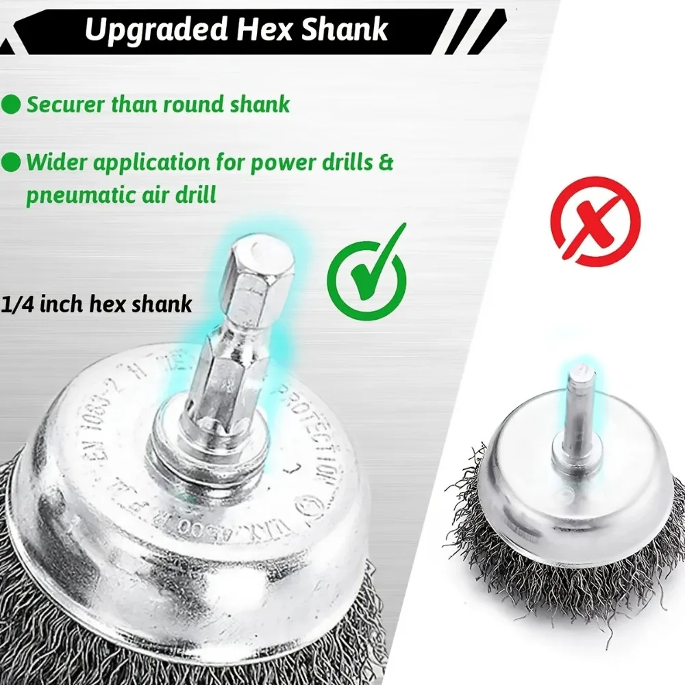 6.35mm Wire Brush Wheel Cup Brush Set Wire Brush for Drill Hex Shank Coarse Carbon Steel Crimped Wire Wheel 전동드릴 청소솔 4