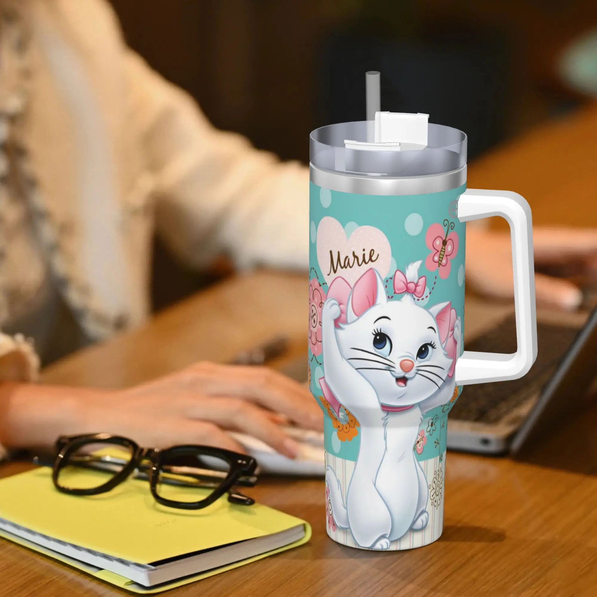 Stainless Steel Aristocats Marie Cat Tumbler with Straw - Large Capacity Thermal Mug