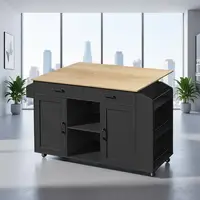 Portable Rolling Kitchen Island with Drop Leaf, Storage, Spice Rack, and Towel Holder - 52.8 Black & Natural KINB12801