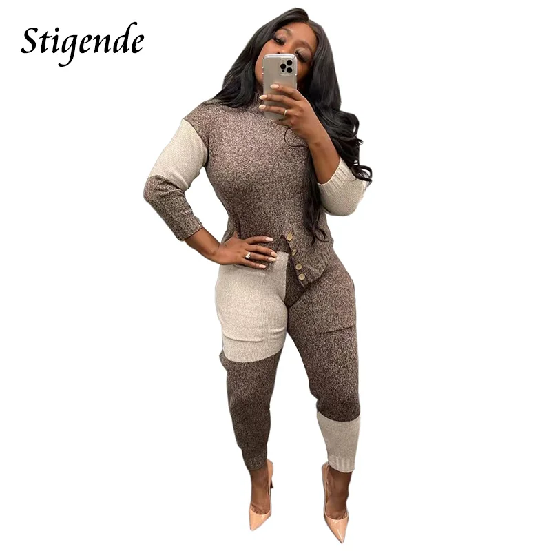 

Women Patchwork Sweater Two Piece Sets Long Sleeve Button Irregular Crop Pullover Top and Pencil Pants Autumn Winter Sets Outfit