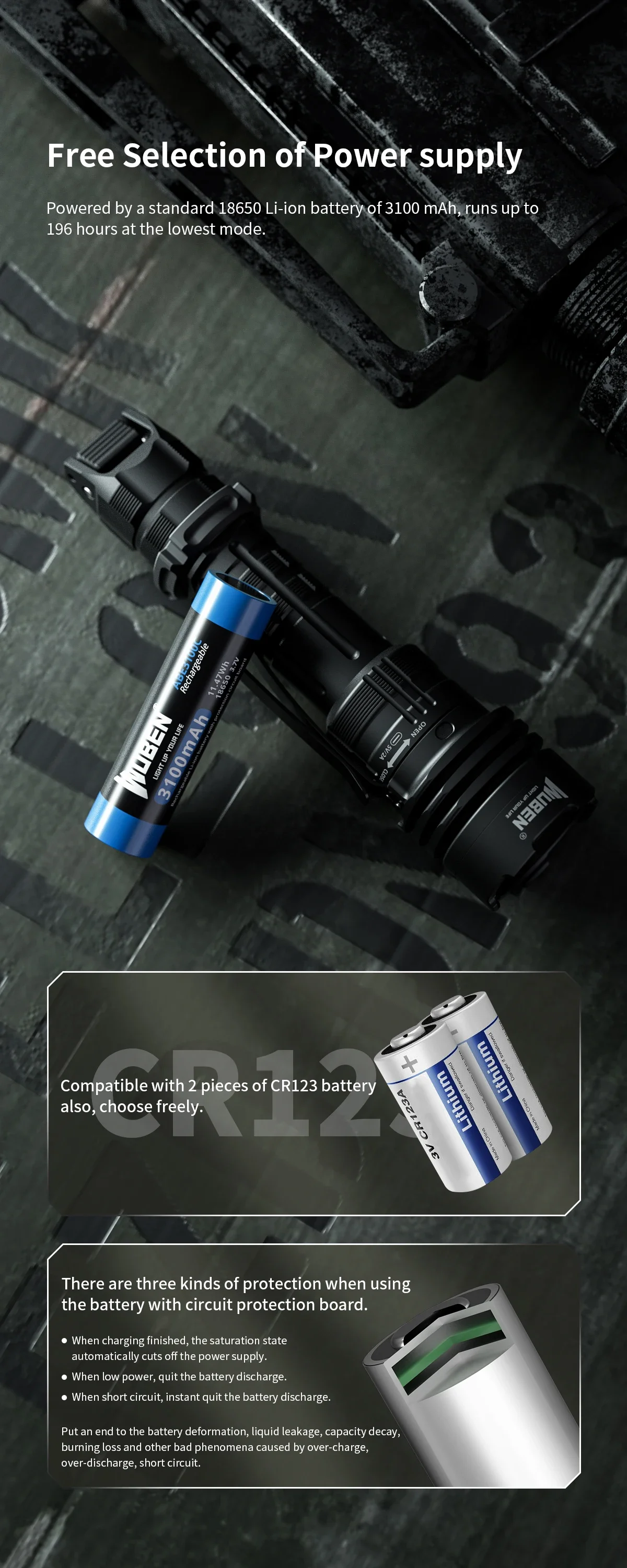 WUBEN T1 wiederaufladbare LED-Taschenlampe, 2000 Lumen, taktische wasserdichte Taschenlampe mit Schwanzschalter für die Jagd, Suche, Notlicht – Detail 7