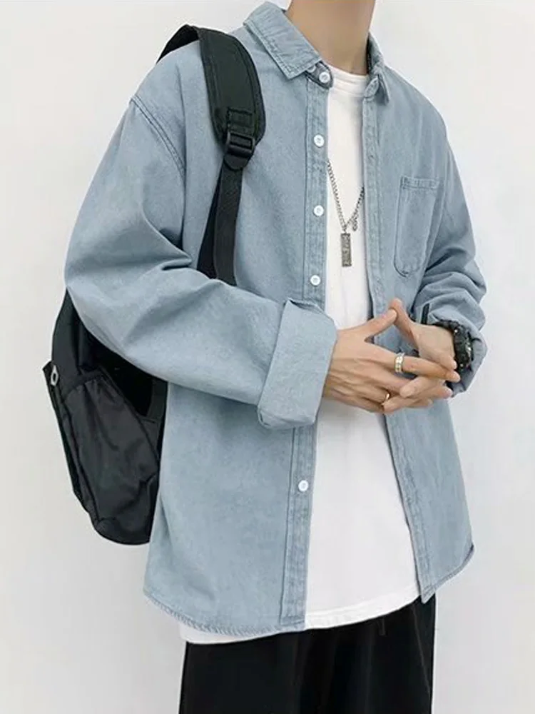 2024 Spring Men Vintage Blue Denim Shirts Male Streetwear Casual Long Sleeve Tops Korean Fashion Designer Loose Blouse