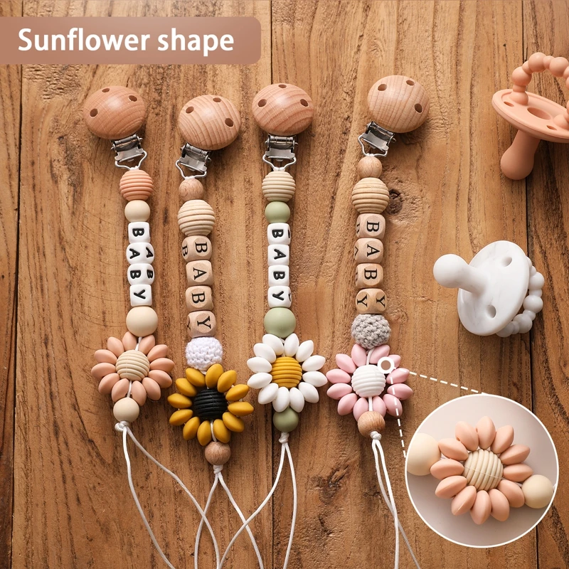 Personalisierte Sunflower Schnuller Kette Holz Clip Halter Umweltfreundliche Neugeborenen Spielzeug – Detail 5