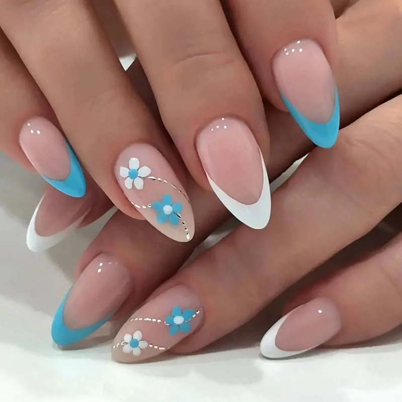 

24pcs Long Almond False Nails French Blue White Flower Fake Nails Press on Nails DIY Manicure Detachable Full Cover Nail Tips