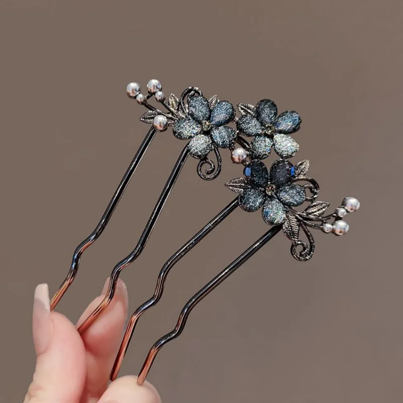 Französisch Retro Dutt Haar Zubehör Elegante Perle Blume Haar Kämme Frauen Täglichen U-förmigen Haarnadel Weibliche Legierung Haar Verschluss – Detail 2