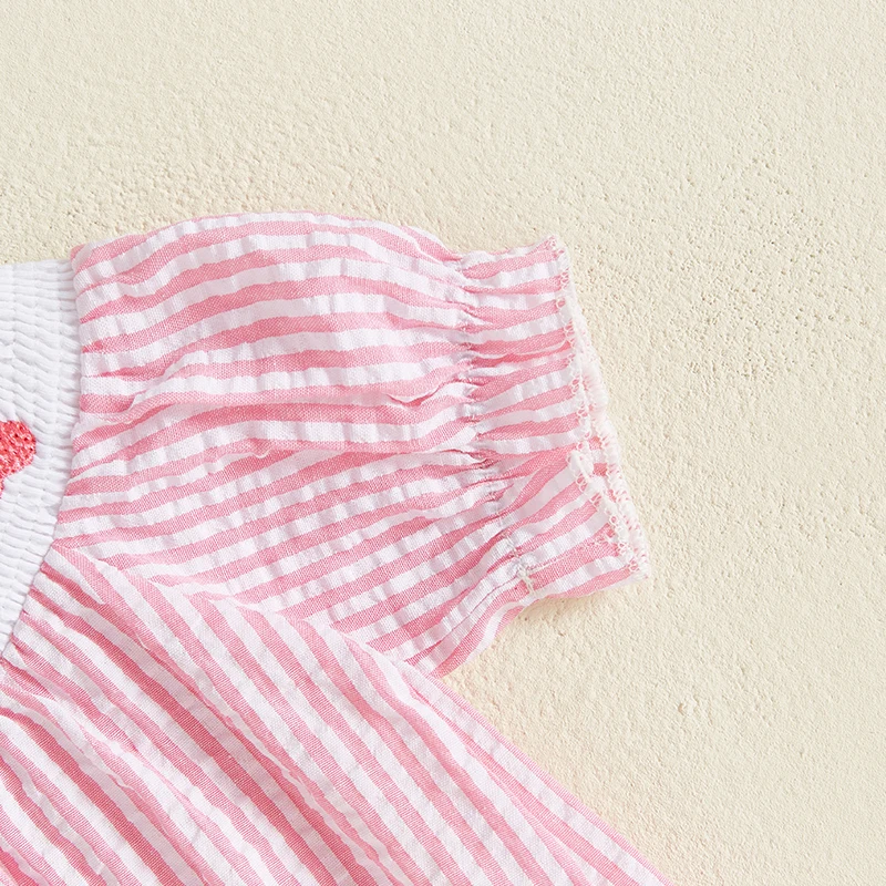 Listenwind Baby Girl Easter Romper Short Puff Sleeve Stripes Print Smocked Bodysuit Sisters Matching Romper Dress Outfit 5