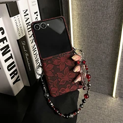 Luxury Dark Red Flower Tassel Crystal Bow Bracelet Phone Case - Stylish Back Cover - Samsung Z Flip 5 (A)
