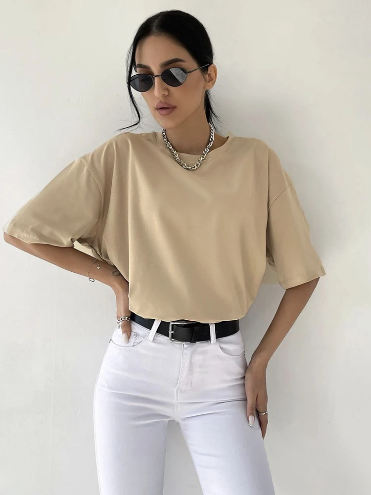 Hirsionsan 100% Cotton T Shirt Women 2023 Summer New Oversized Solid Tees Casual Basic Loose Tshirt Chic O Neck Female689_voghion.com