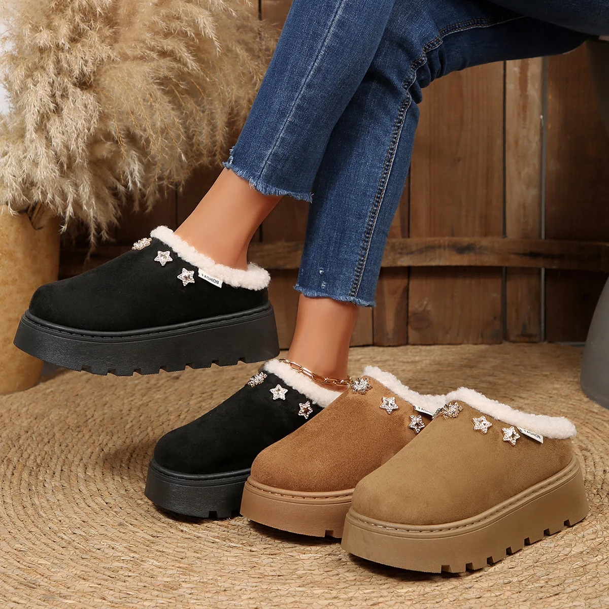 Chunky Platform Wedge Heel Furry Casual Shoes Women 2025 Winter Warm Plush Mules Slippers Soft Thick Bottom Fur Outdoor Slippers