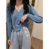 Official Picture New V-Collar Cardigan Outer Wear Short Top Autumn Thin Jacket Long-Sleeved Sweater Women's Fashion 1