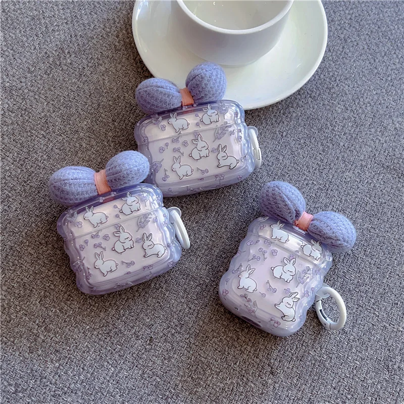 Ins Purple Flower 3D Bow Bunny Auricolare Cover Per Apple Airpods Pro 3 Custodia Per Airpods 3 3Rd Generation Air Pod 2 1 Case