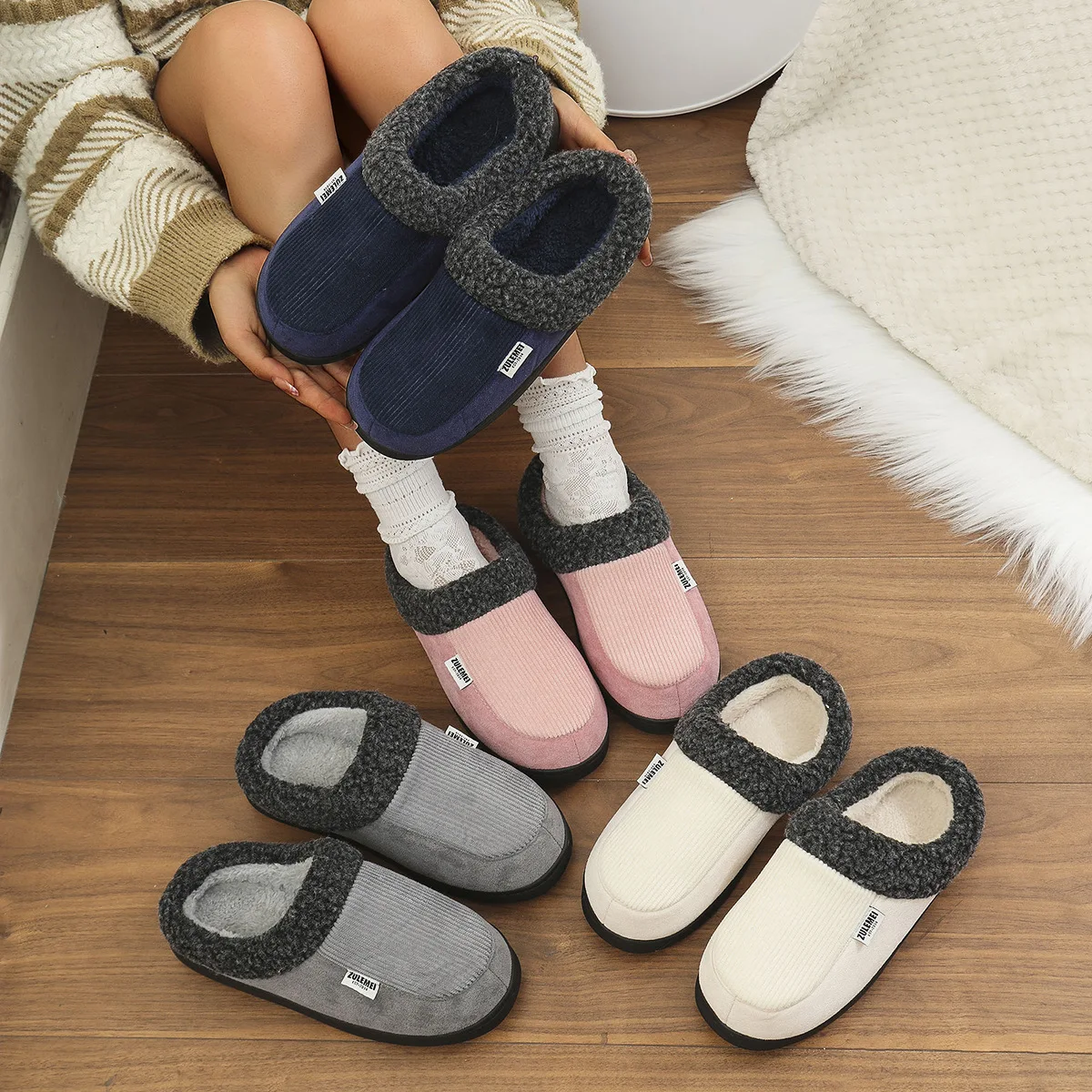 Men Cotton Slippers Winter Warm Fur Plush Indoor House Cotton Shoes Fashoin Outdoor Antiskid Fuzzy Fluffy Men Slipper