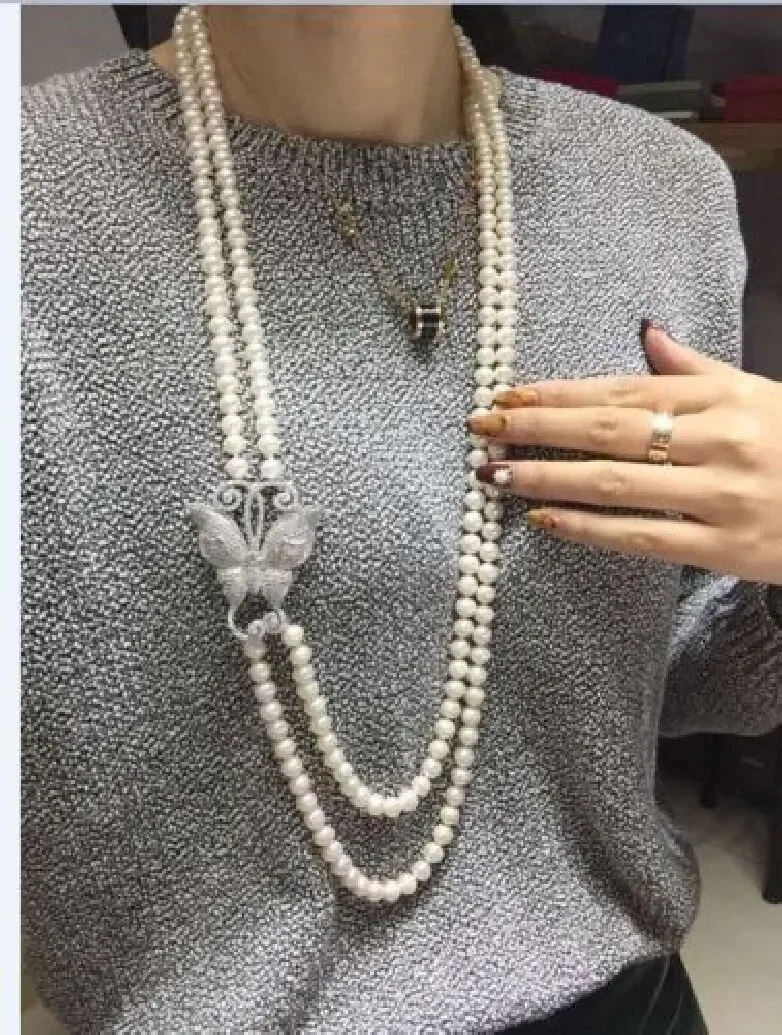 

double strands 7-8mm round south sea white pearl necklace 22-24inch