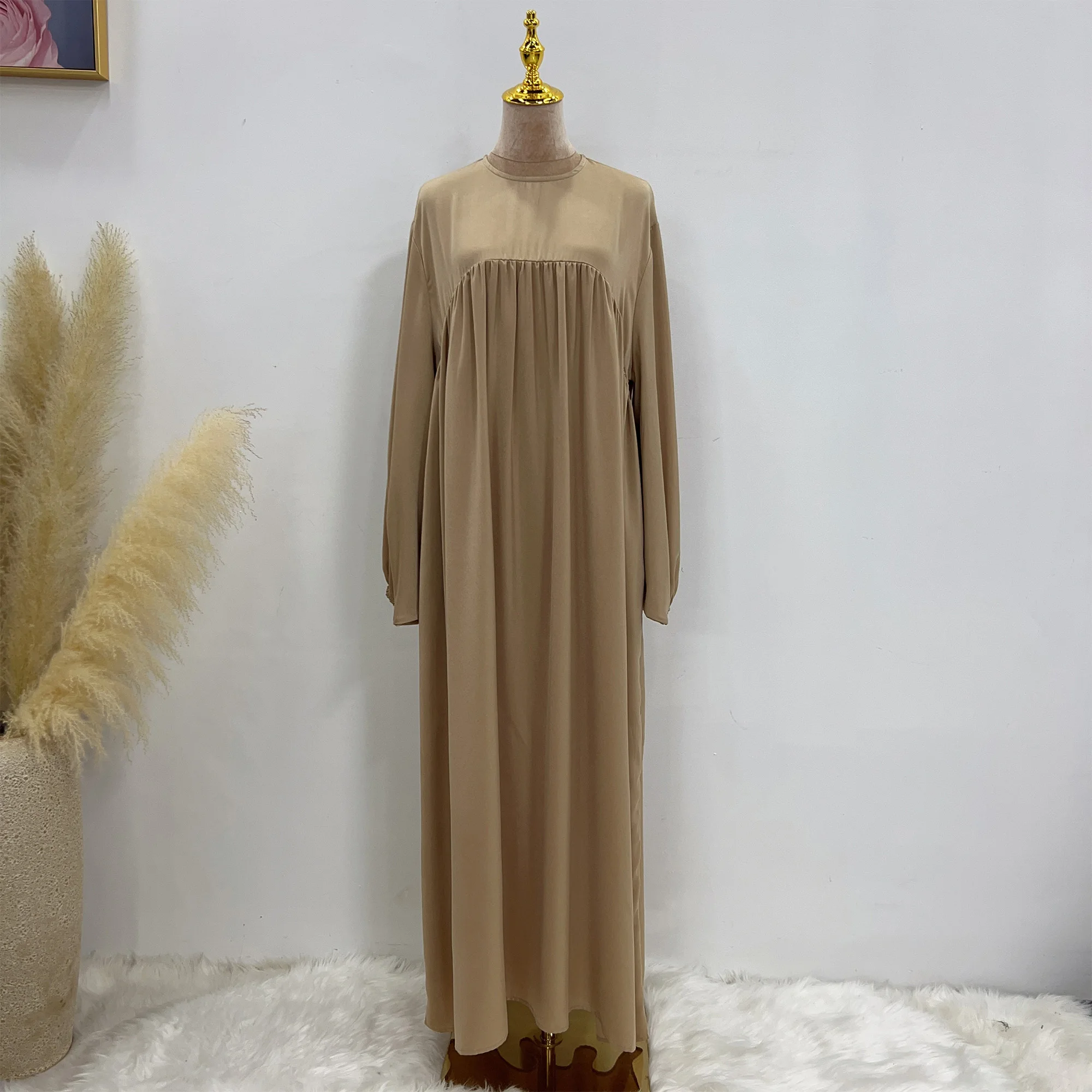 Shimmer Abaya Muslim Dress Loose Style Bishop Sleeves Islam Clothing Casual Women Dubai Hijabi Robe Ramadan Eid Kaftan(No Scarf)