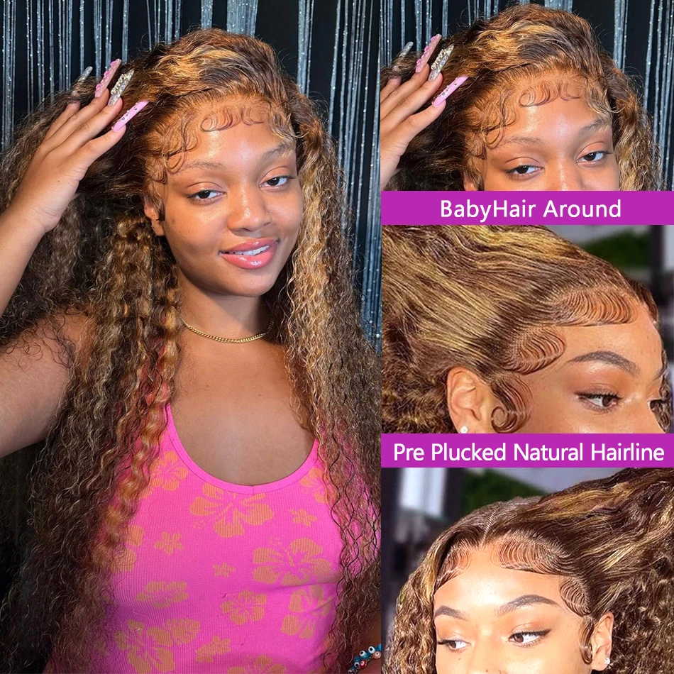 30 Inch 250 Density Highlight Honey Brown Curly Lace Front Human Hair Wigs 13x6 13x4 Ombre Colored Deep Wave Lace Frontal Wig 5