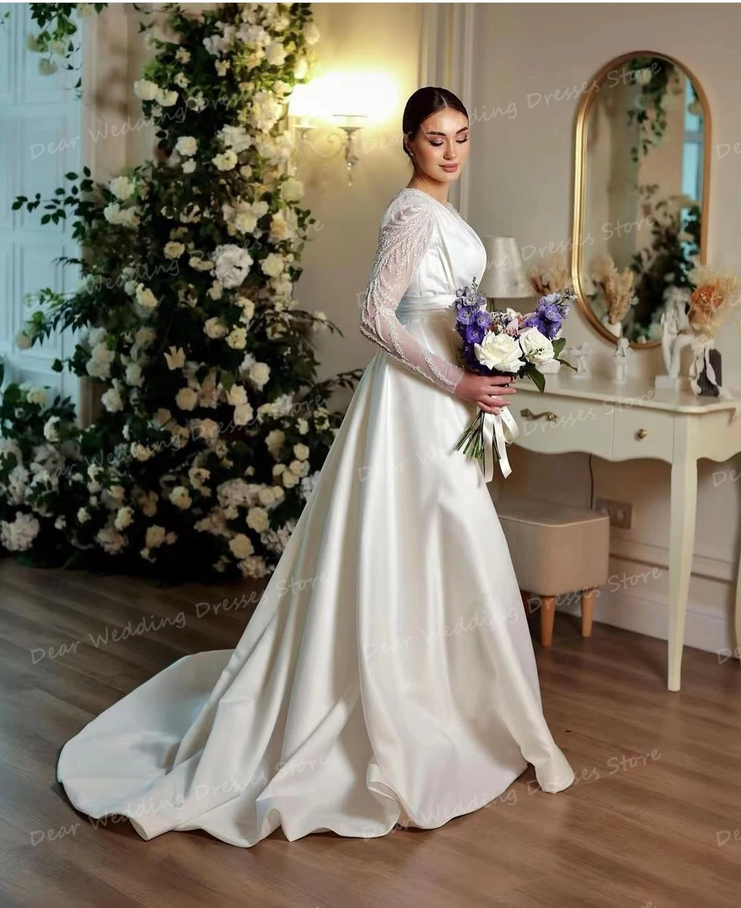 Luxury Satin Wedding Dresses Women's Mermaid Sexy Glitter Formal Long Sleeve Muslim Bridal Gowns Vestidos De Novia Customized 4