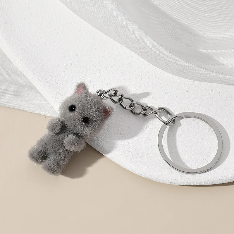 

1PCS 3D Cartoon Flocking Cat Keychain Kawaii Cat Key Ring Animal Key Chains Souvenir Gifts For Women Men Car Keys DIY Jewelry