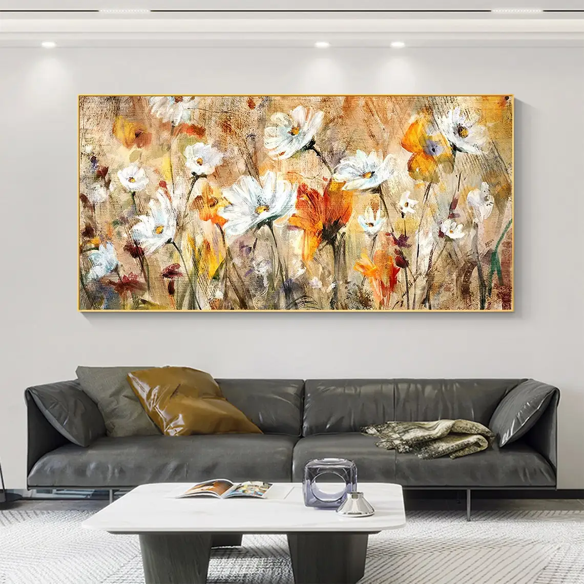 

Orange And White Flower Landscape Oil Painting on Canvas Large Abstract Modern Floral Handmade Oil Painting Living Room Wall Art