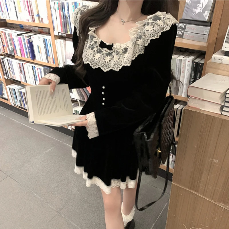 Vestido Y2K para mujer, ropa estética, con encaje, escote redondo, manga larga, corte A, minivestido de terciopelo, vestidos de fiesta, ropa de calle