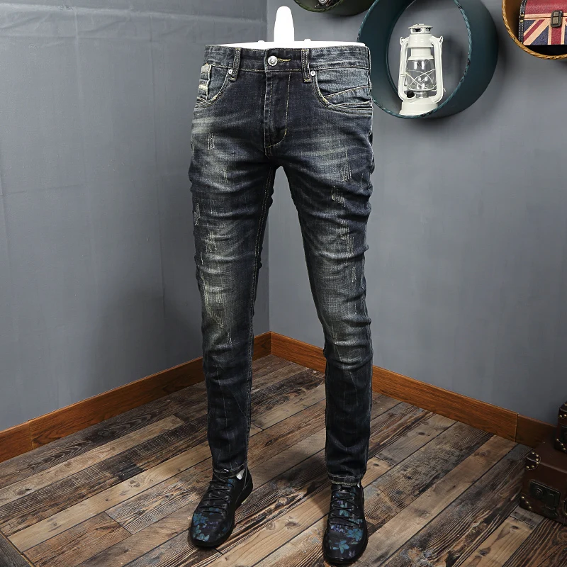 Italian Style Fashion Men Jeans High Quality Retro Black Blue Elastic Slim Ripped Jeans Men Vintage Designer Denim Pants Hombre