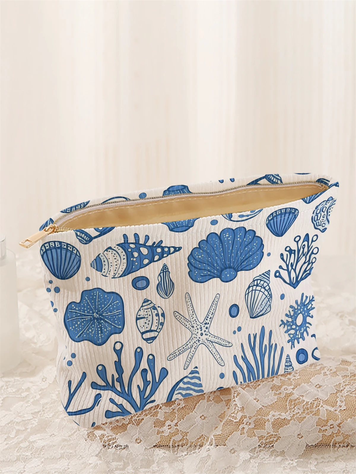 Ocean shell patterned corduroy makeup bag, lightweight zipper makeup storage box, multifunctional bag with lining