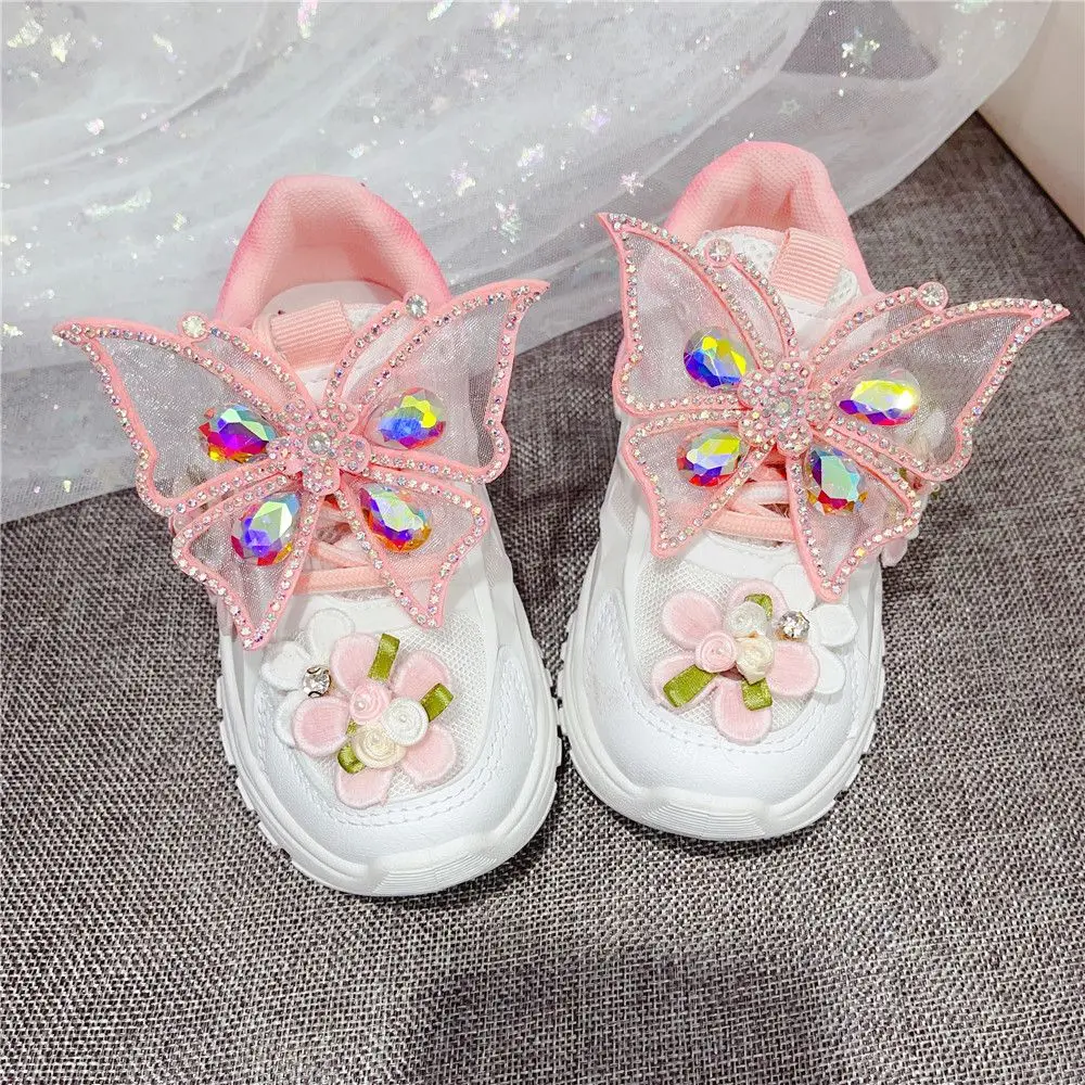 Breathable Mesh Children Shoes Cute Butterfly Rhinestones Floral Baby Kids Platform Sneakers Girls Princess Casual Sports Shoes