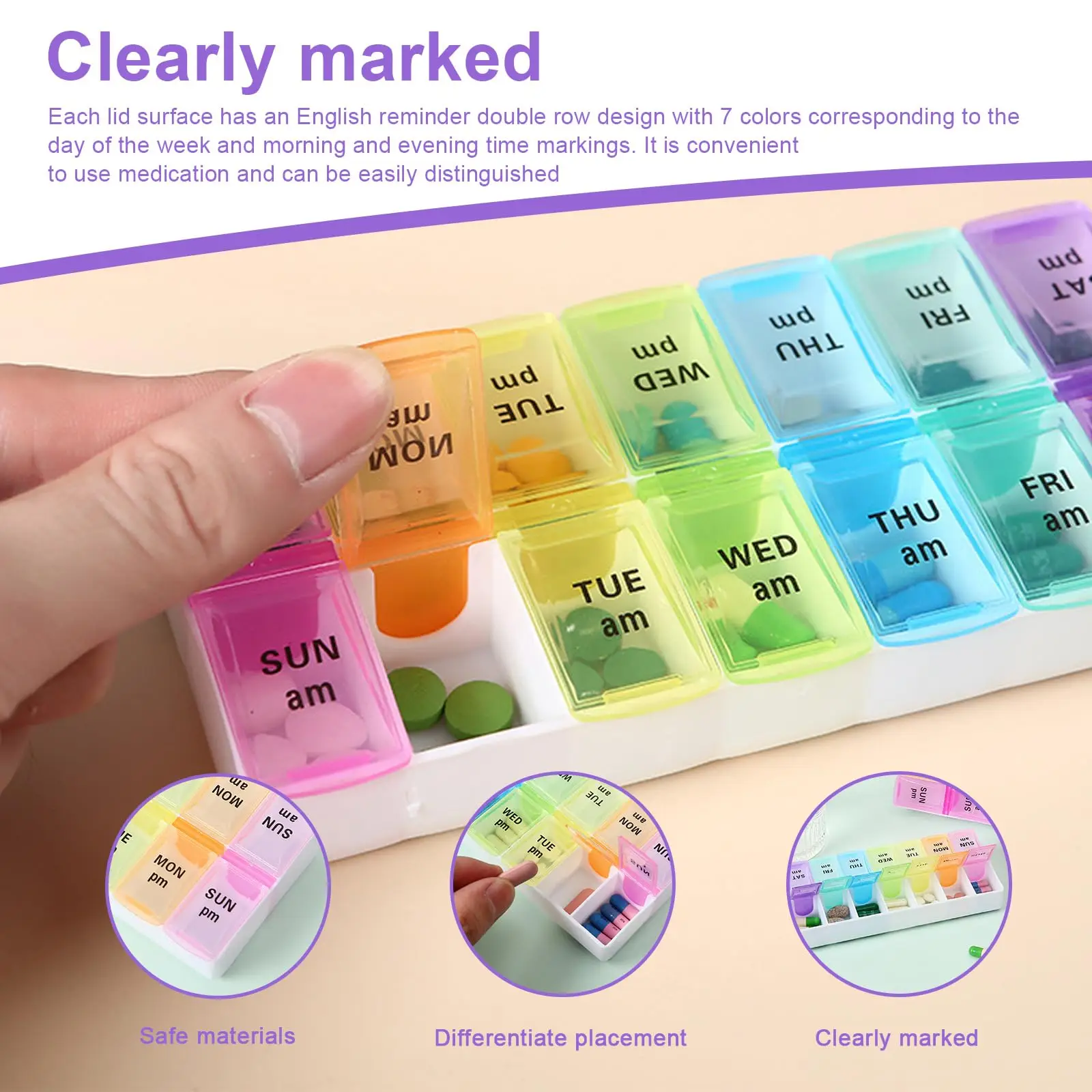 Shunshi Weekly Pill Organizer with Am/Pm Compartments Travel Pill Boxes 7 Day 2 Times A Day Tablet Dispenser with 14 compartment