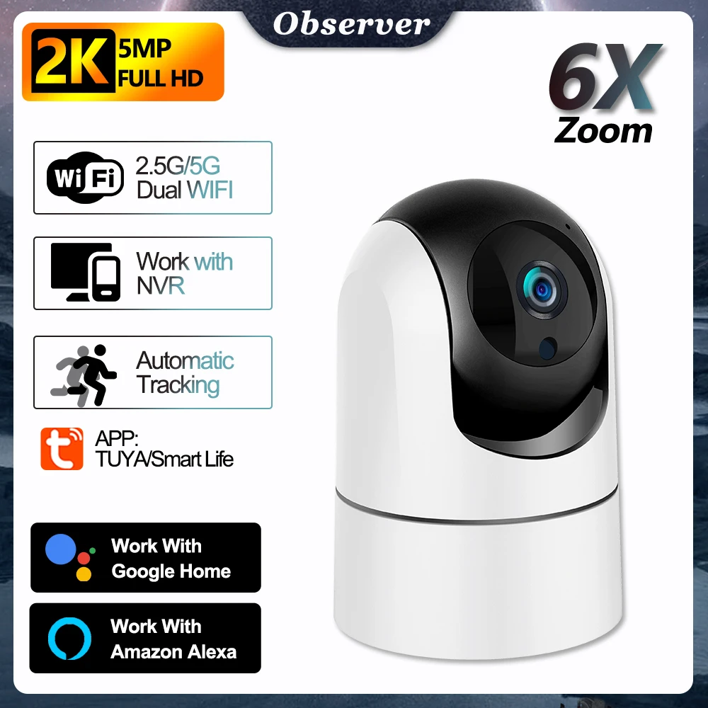 

TUYA Baby Monitor 2K 5G Wifi Surveillance Camera 5MP 6x Zoom 360 ° Wifi Cam Indoor Mother Kids Video Recorder Baby Items Alexa