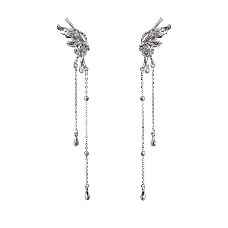 Ear clip earrings 1Pair for women elegant elf butterfly long tassel clip wed bridal retro Kpop no piercing earbone ear cuff jewelry gift