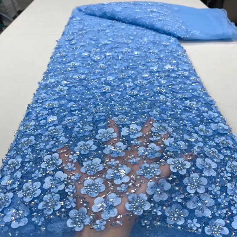 

Latest Sequin Fabric Beaded Lace Fabric Embroidered Tulle Mesh Fabric Sewing African Lace for Wedding Party 5 Yards TS2309