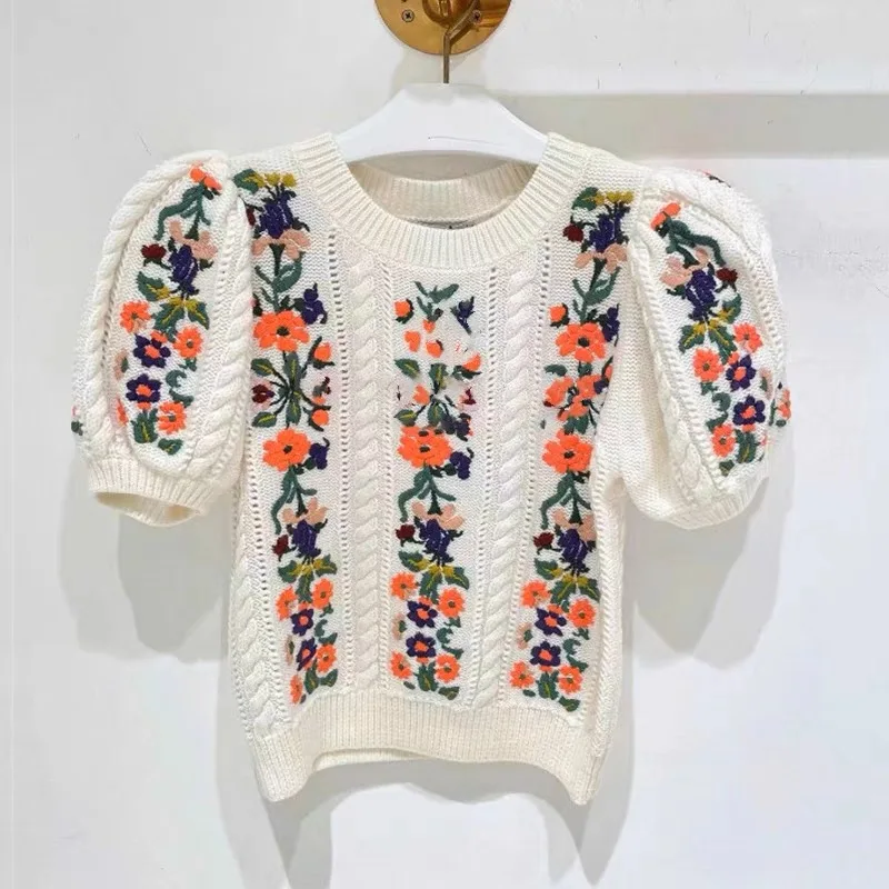

Flower Embroidery Short Sleeve Sweater Women Fashion Hollow Out Design O-Neck Slim Pullover Knitwear Crop Top 2023 Spring Summer