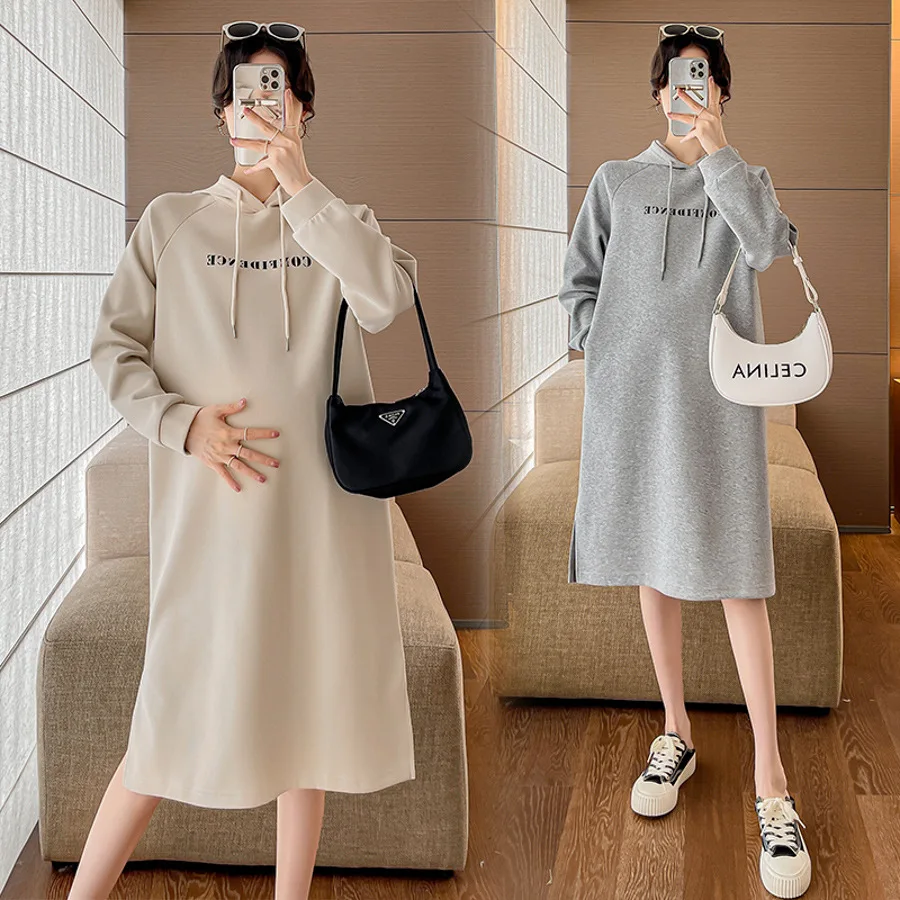

Maternity dress 2023 fall new fashion side slit loose casual mid-length Korean version hooded sweatshirt
