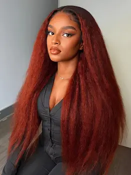 Reddish brown Kinky Straight Human Hair Wig 13x4 HD lace frontal human hair wig 4x4 Closure human hair wig glueless Colored Wigs 1
