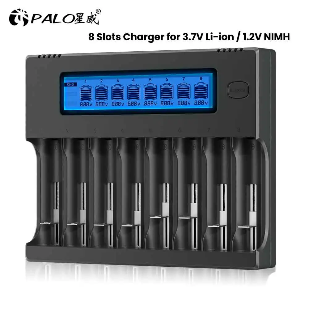 PALO 8 Slots Smart Battery Charger for 26650 18500 18350 17500 16340 14500 CR123A Li-ion Battery 1.2V AA AAA NIMH NICD Batteries