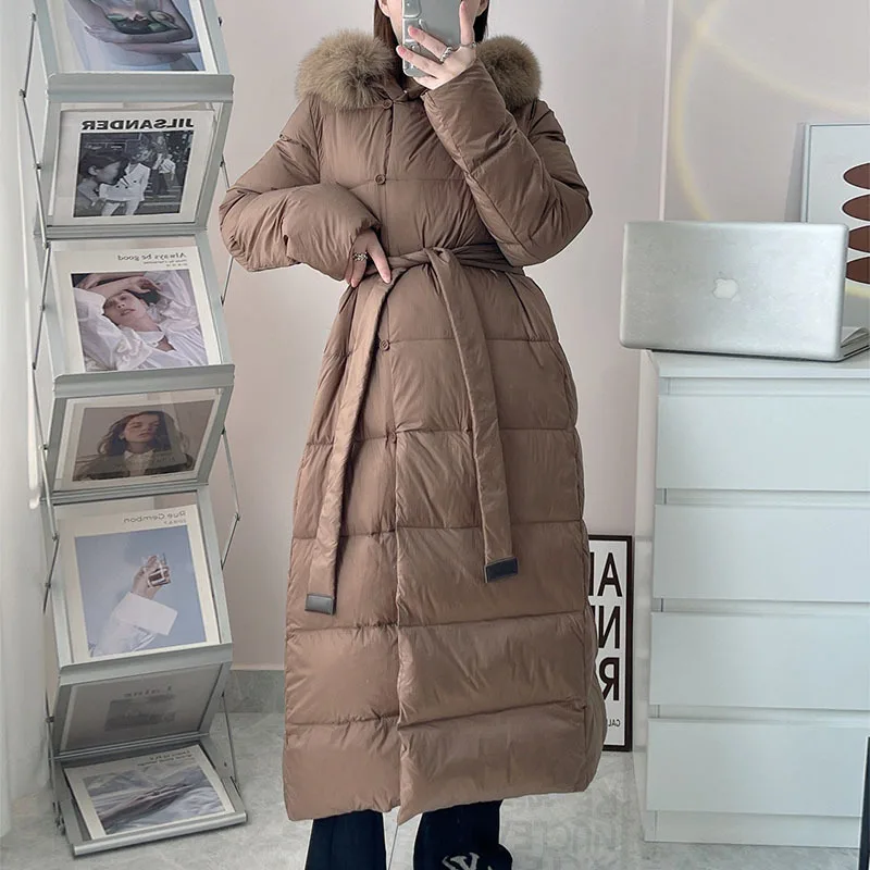 Luxury Fox Fur Collar Hooded Long Down Coats Women Winter Parkas