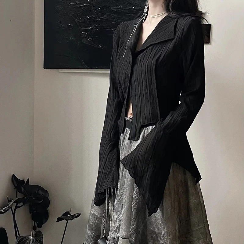 Harajuku Dark Academic Shirt Women Streetwear Vintage Y2K Blouse Sexy Gothic Long Sleeve Irregular Female Spring New Tops