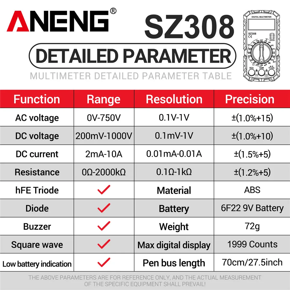 ANENG SZ308 디지털 멀티미터 사각파 테스트 전압 저항계 AC/DC 전류계 전기공 LCD 백라이트 옴 측정기