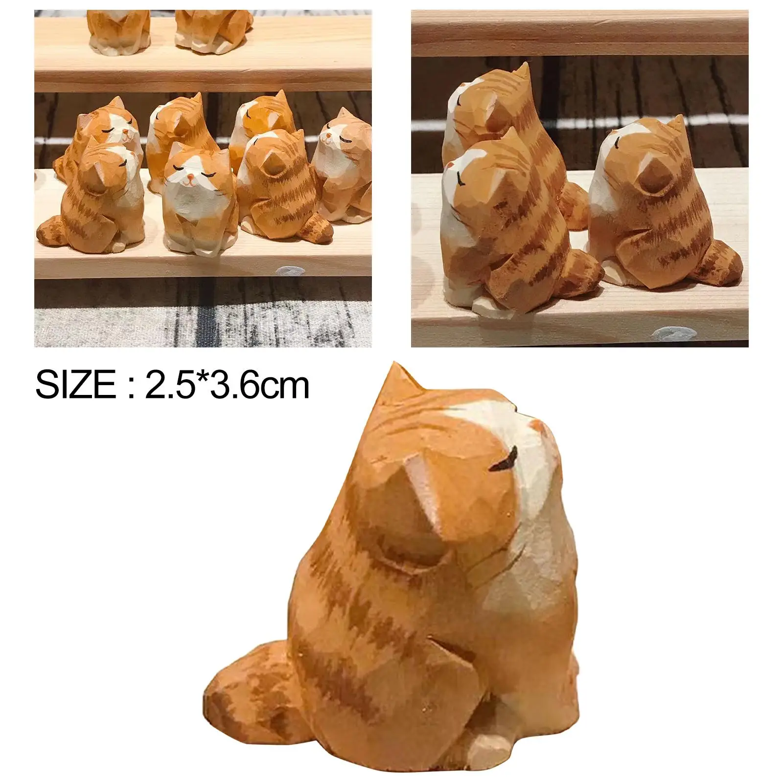 Orange Cat Wooden Figurine Miniature Animal Hand Painted Handmade Decoration