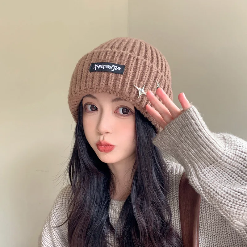 Solid Color Autumn Winter Hat Women Woolen Knitted Warm Beanie Cap Metal Star Ladies Girl Crochet Ear Protection Hat