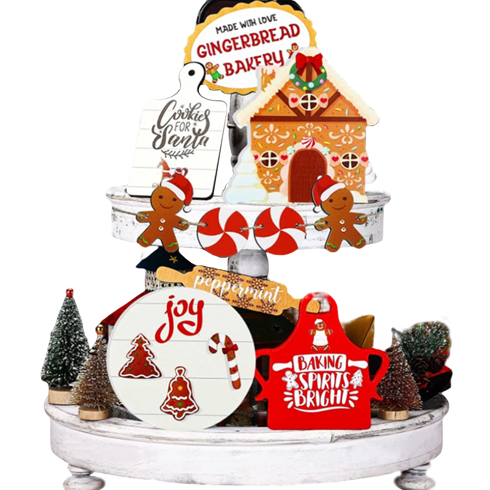 

Christmas Tiered Tray Decor Xmas Themed Self-Arrange Wooden Decor Cartoon Design for Home Bar Shop Farmhouse