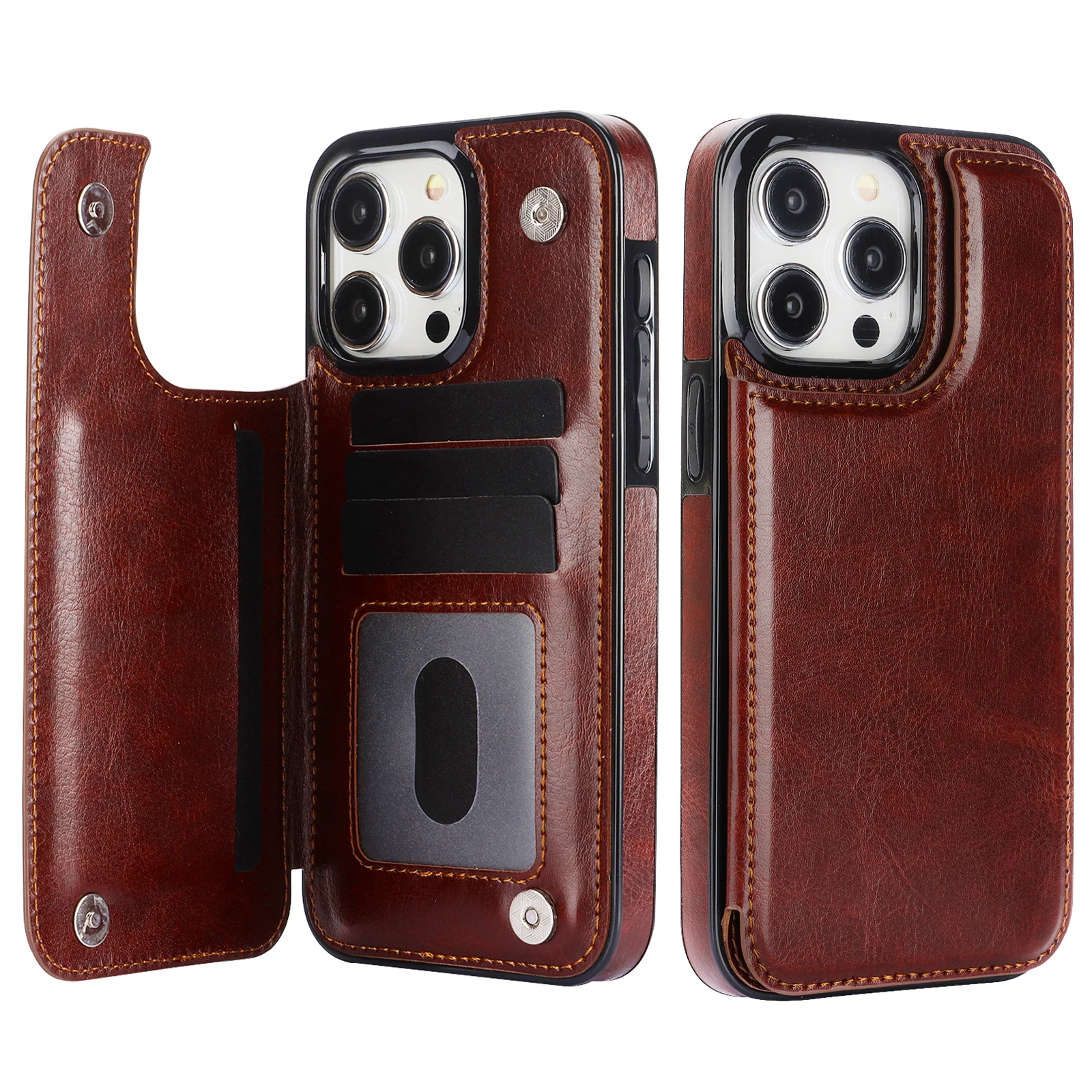 Elegant Solid Color Leather Wallet Case with Double Buckle and Card Slot