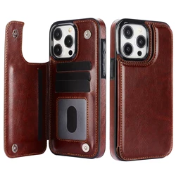 Elegant Solid Color Leather Wallet Case with Double Buckle and Card Slot - iPhone 15 Pro (Brown)