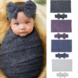 2Pcs/Set 165*40cm Infants Wraps Cloth and Bowknot Hairbands Baby Photography Props Solid Color Shooting Blanket Newborn Gifts