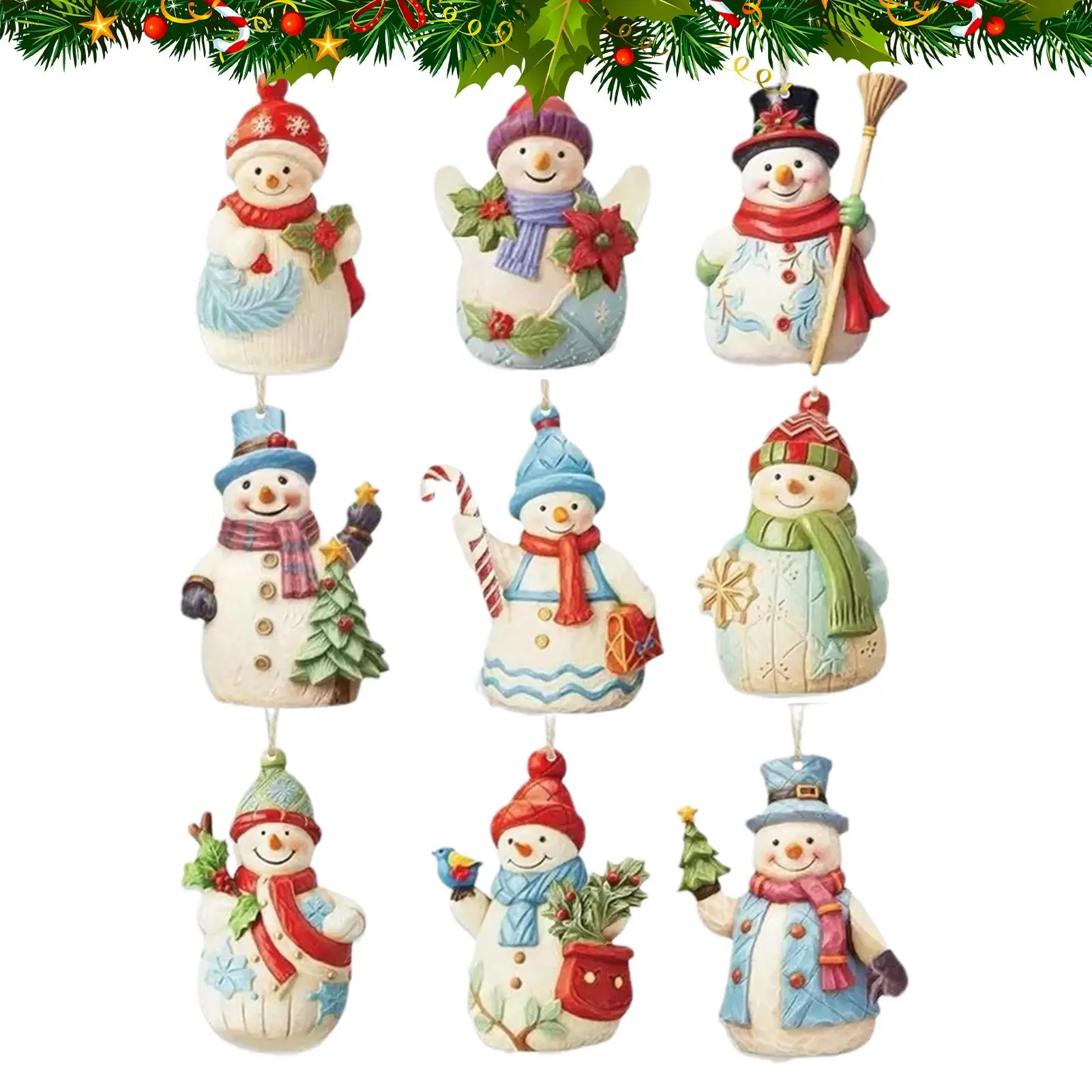 9pcs/set Snowman Ornaments Christmas Hanging Decor Wooden Snowman Set for Tree Window Wall Home Decor, Holiday Decorations