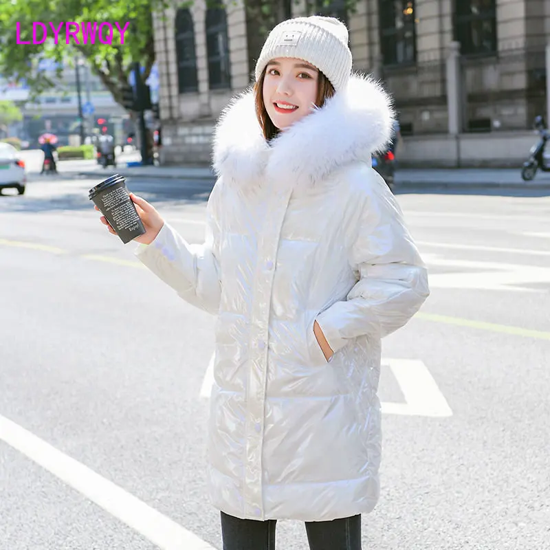 Bright face cotton women 2022 new Korean version of loose wool collar cotton coat in the long padded jacket