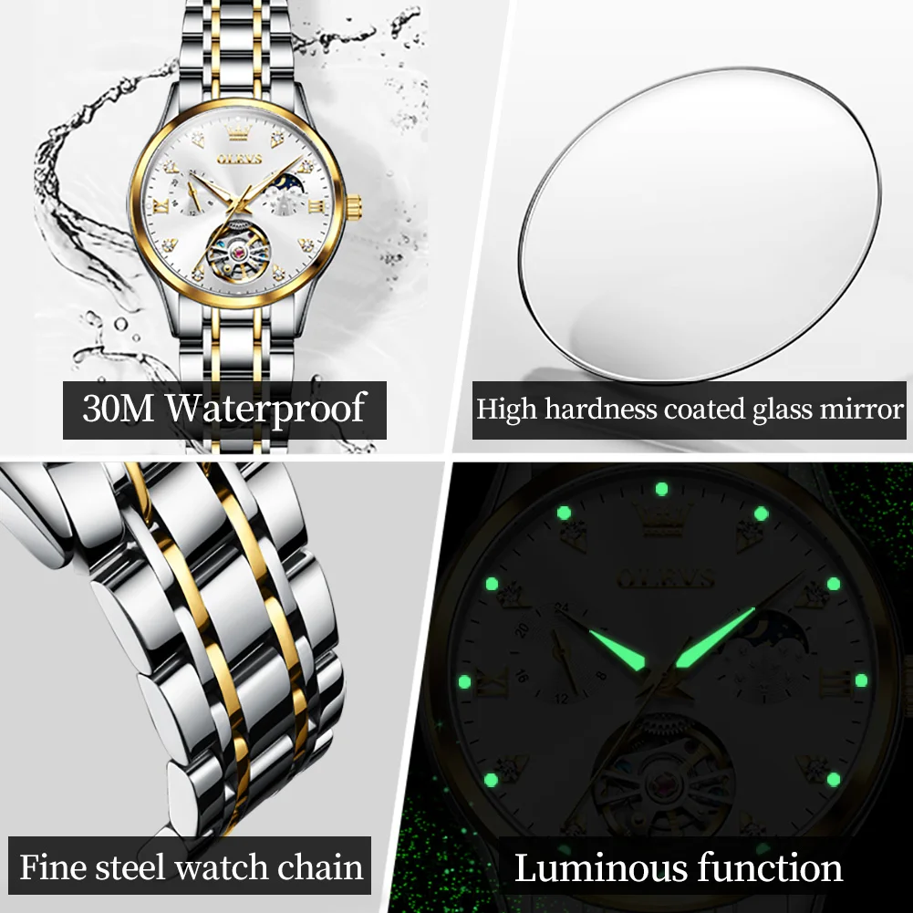 OLEVS 6608 Women's Watch Hollow Waterproof Mechanical Watch For Women Moon Phase Stainless Steel Strap Luxury Ladies Wristwatch